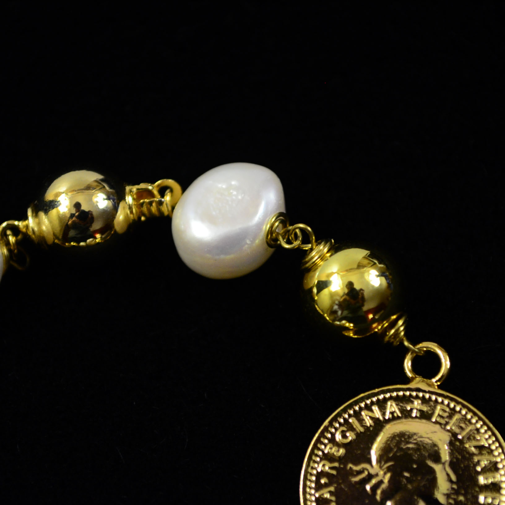 Gilded Sterling Silver Coin and Pearl Bracelet