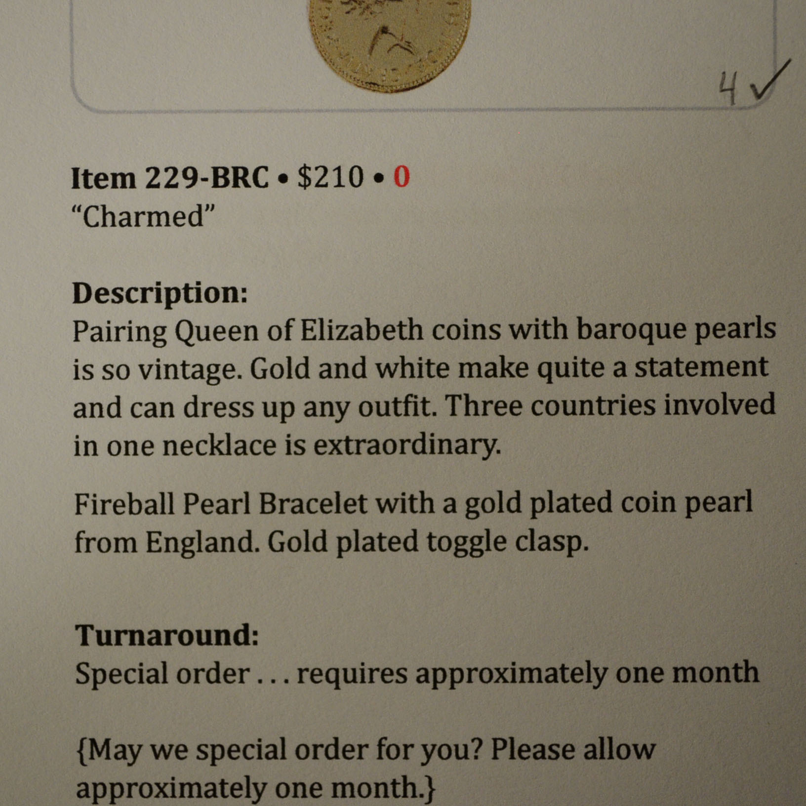 Gilded Sterling Silver Coin and Pearl Bracelet