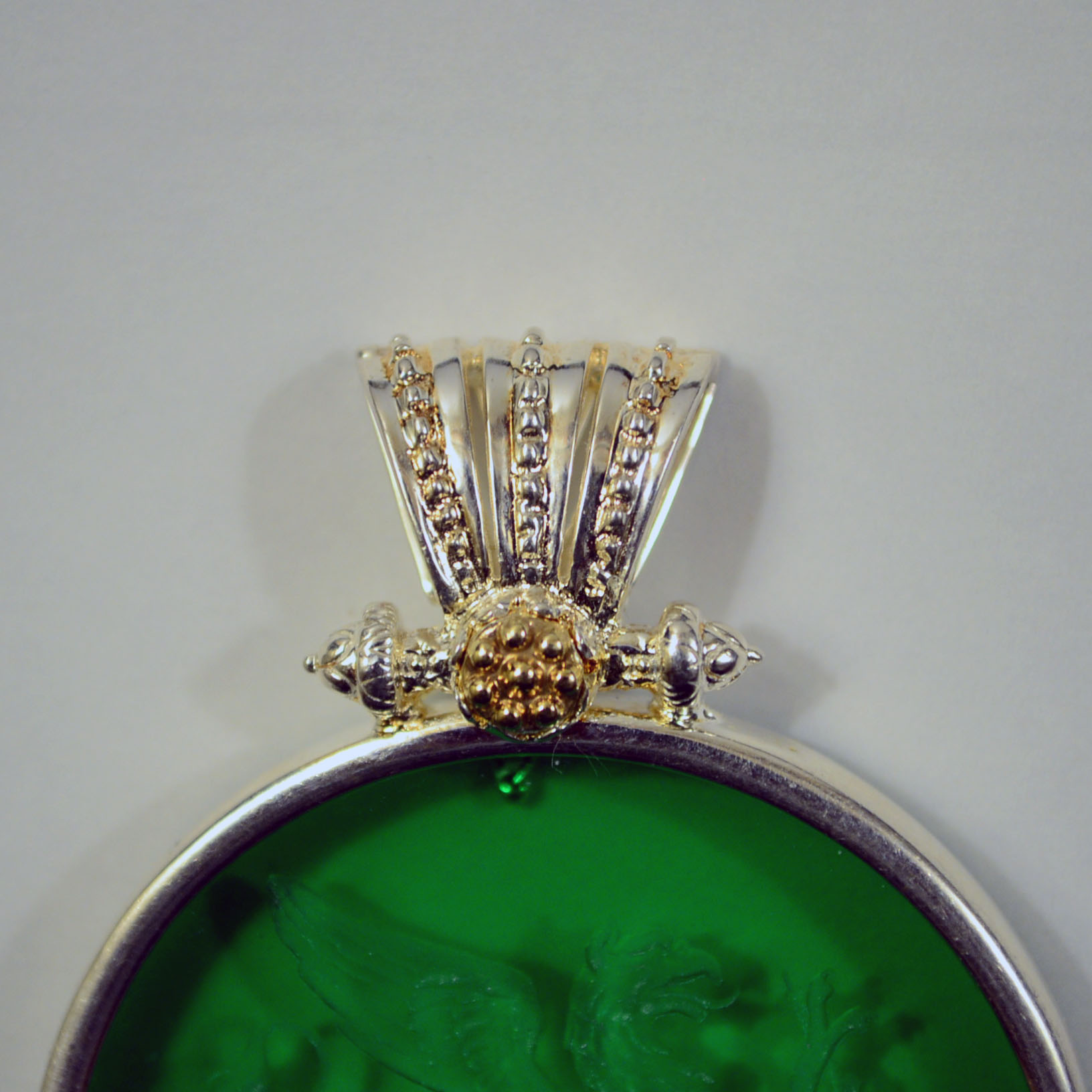 Sterling Silver and 14K Yellow Gold Green Glass Intaglio Pendant