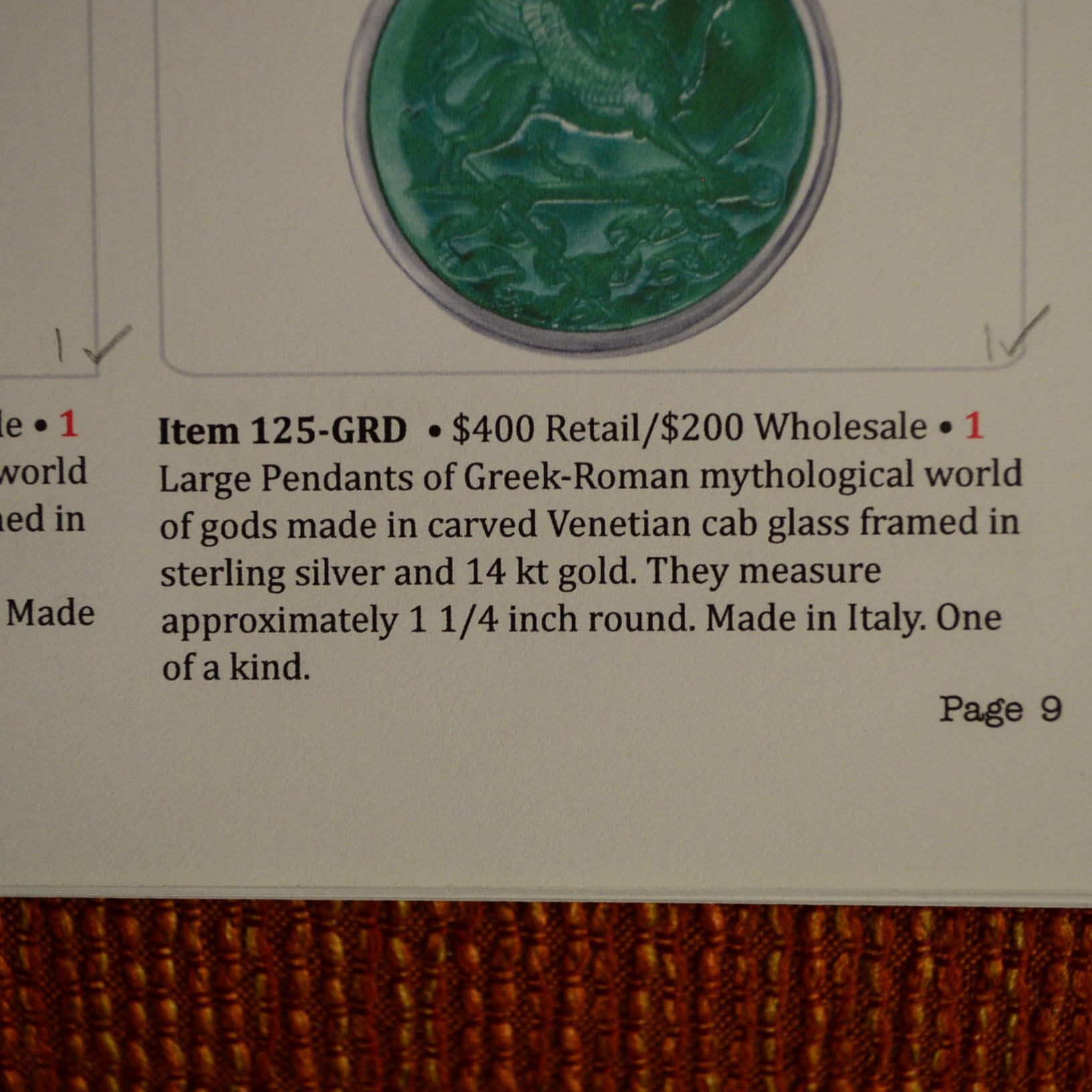 Sterling Silver and 14K Yellow Gold Green Glass Intaglio Pendant