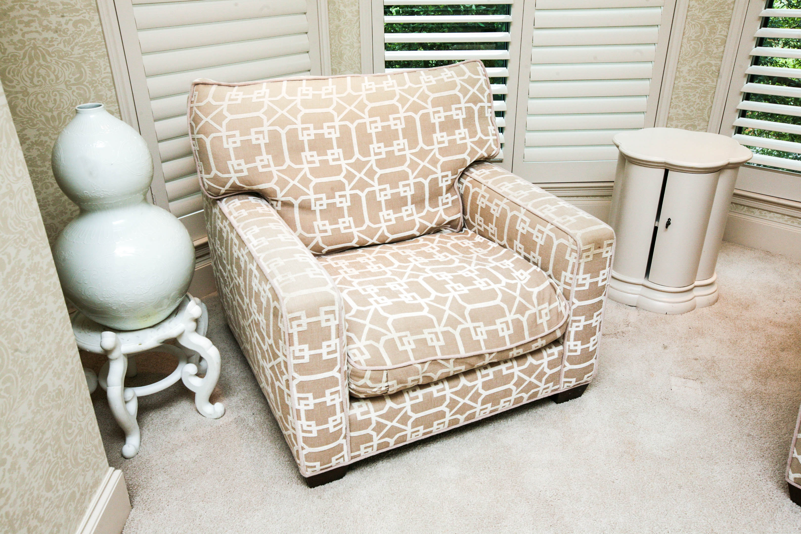 Khaki Upholstered Club Chair with Geometric Design