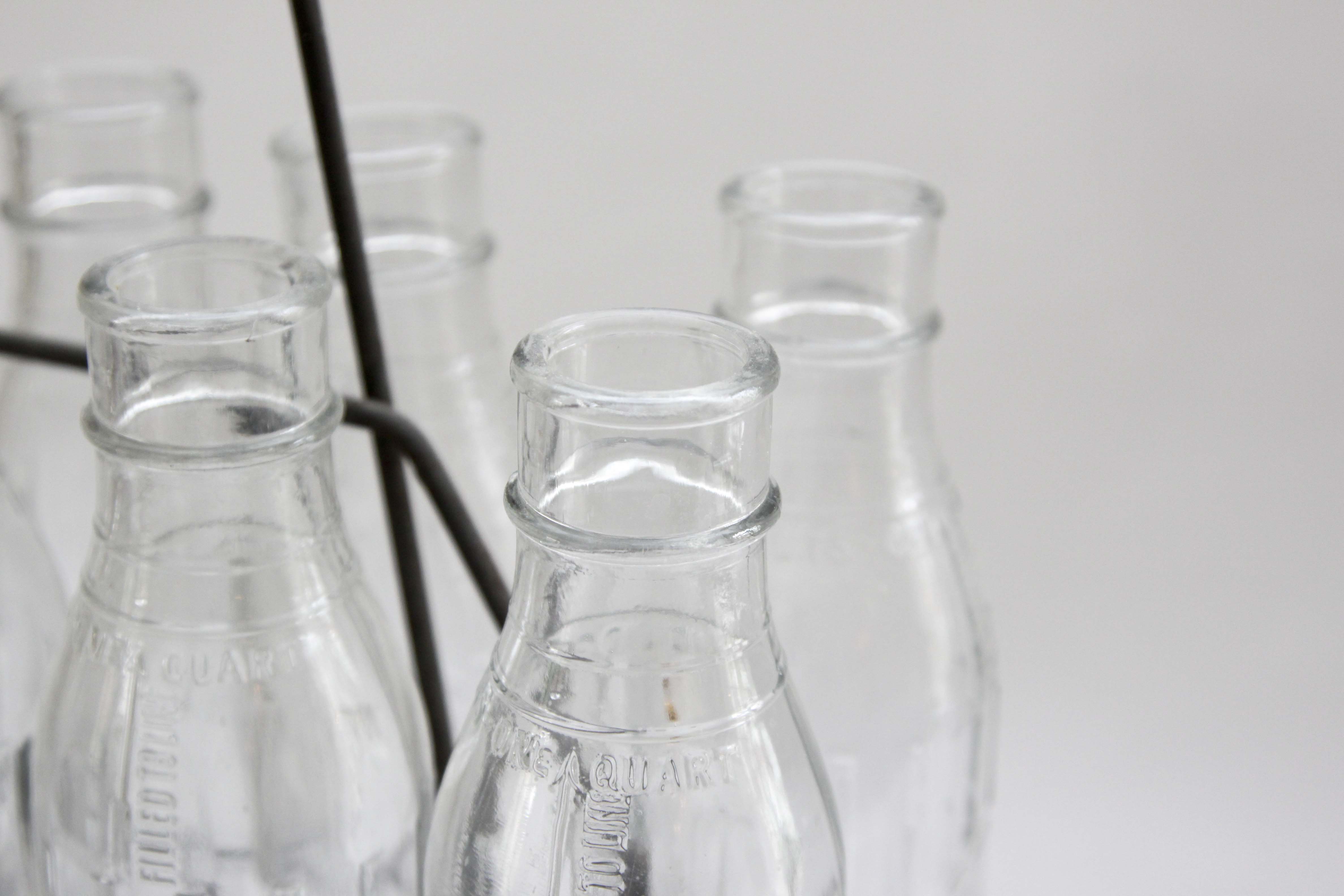 Ten Vintage Shell-Penn Glass Motor Oil Bottles With Metal Carrier