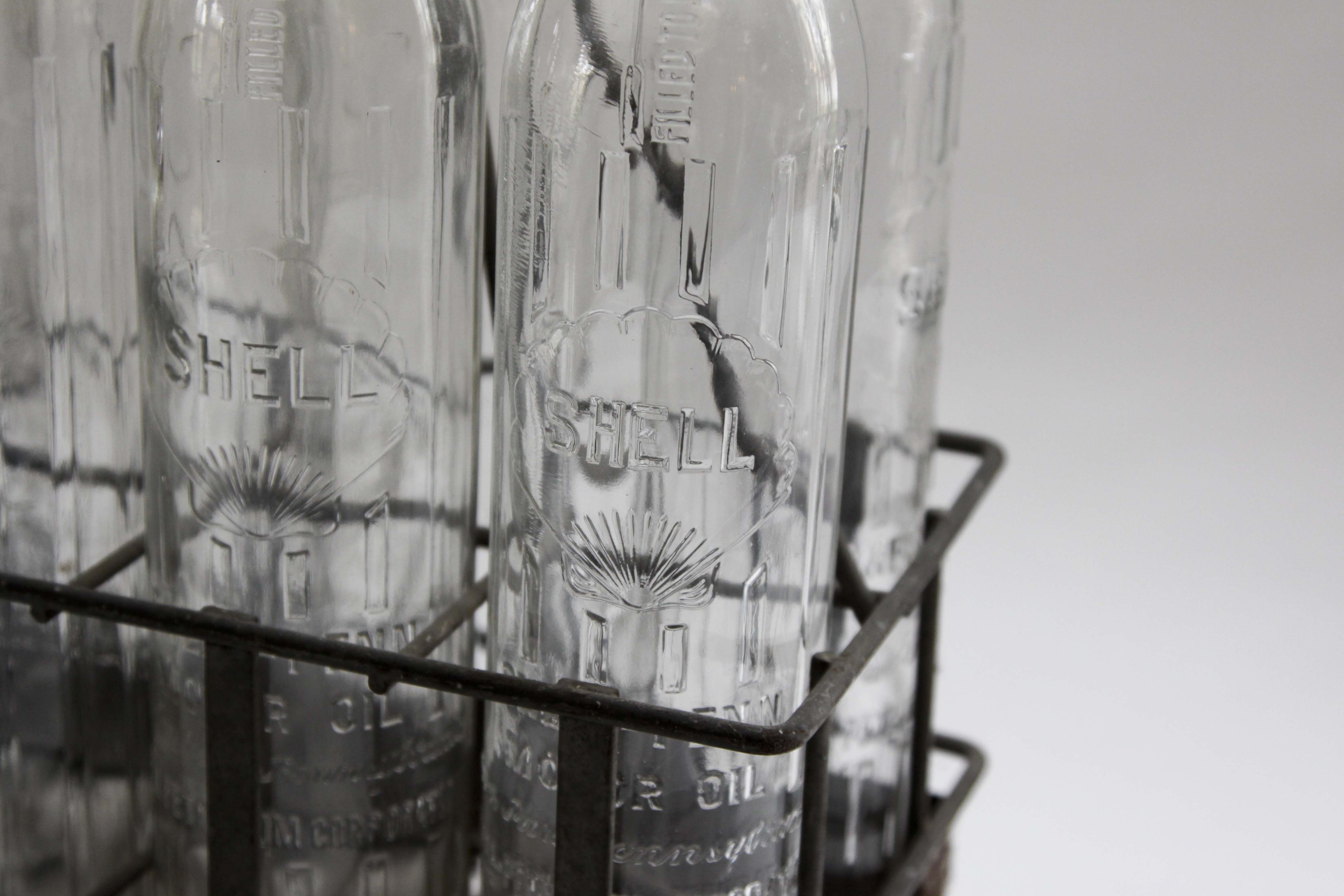 Ten Vintage Shell-Penn Glass Motor Oil Bottles With Metal Carrier