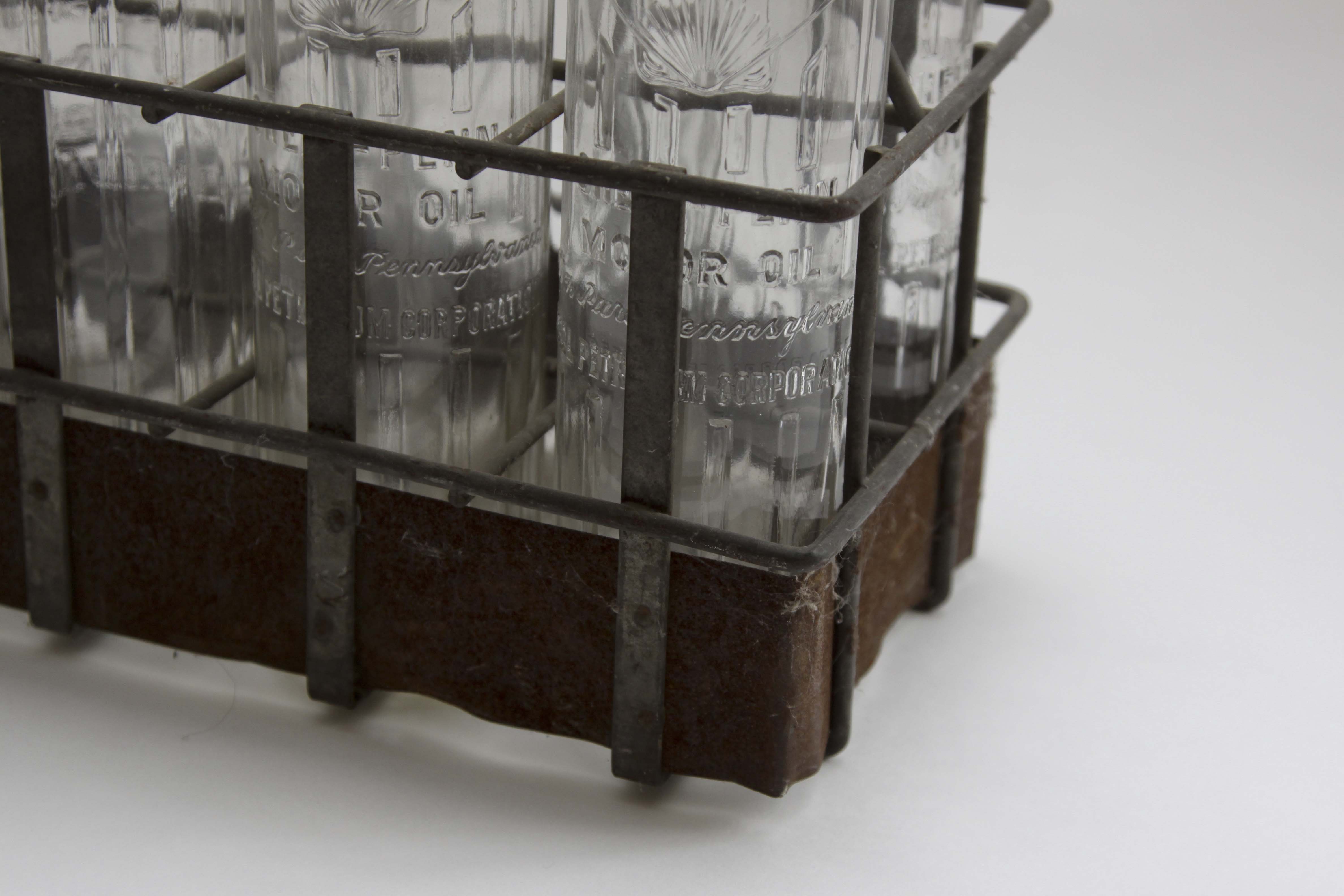 Ten Vintage Shell-Penn Glass Motor Oil Bottles With Metal Carrier