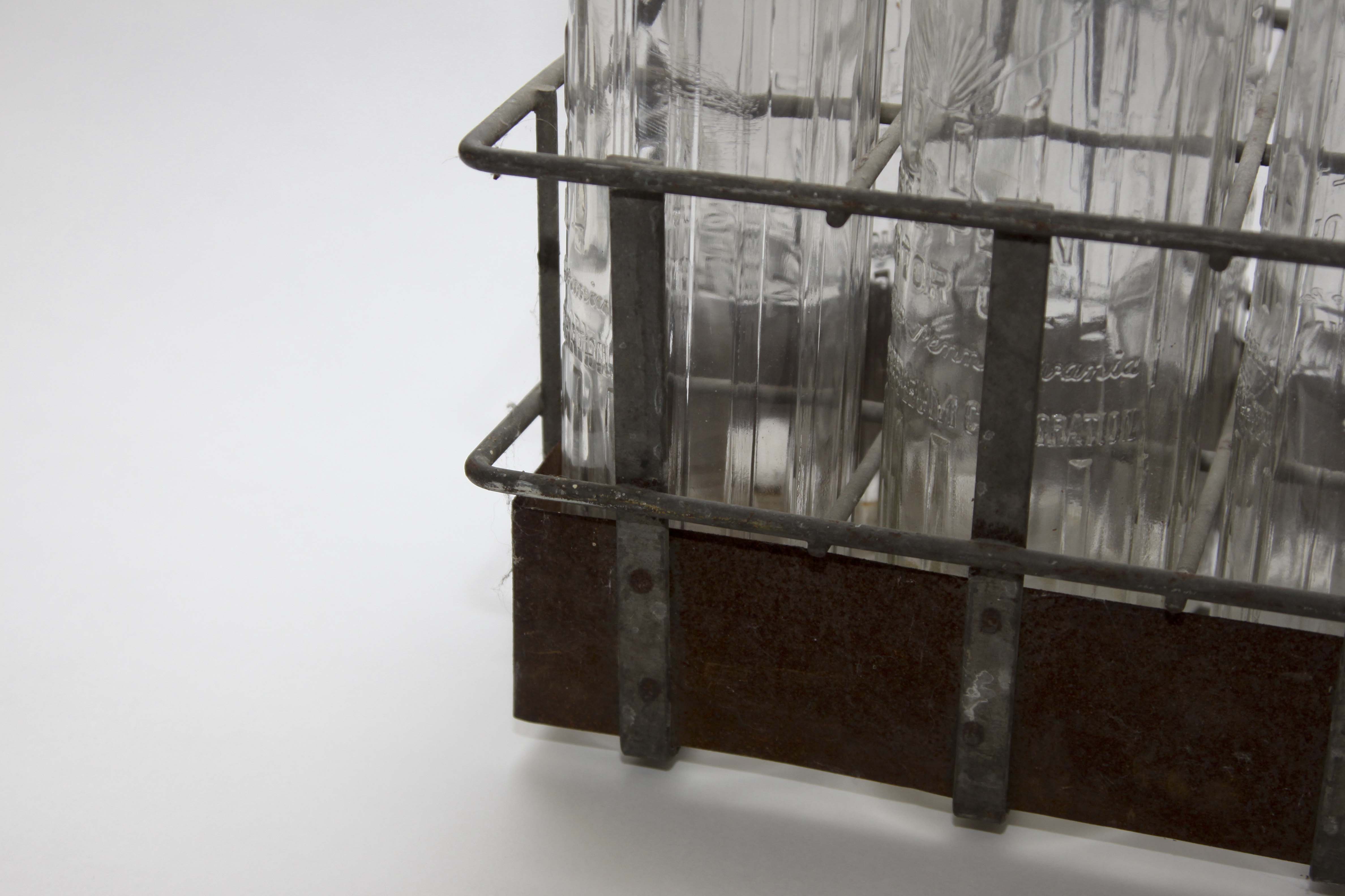 Ten Vintage Shell-Penn Glass Motor Oil Bottles With Metal Carrier