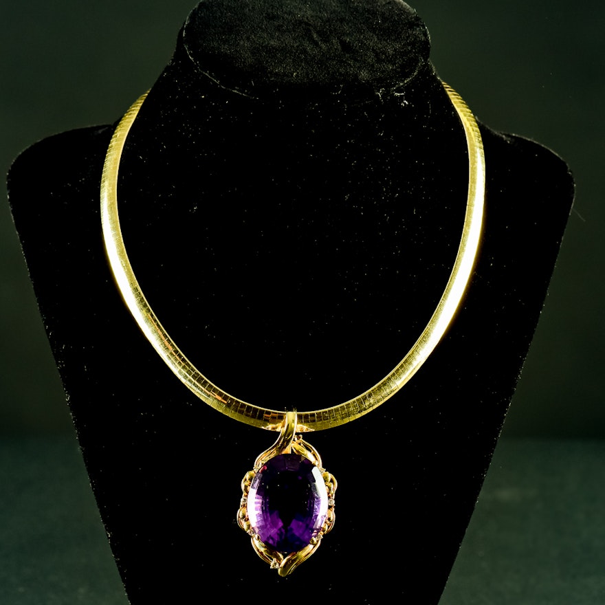 Maraf Jewelry 14k Yellow Gold Amethyst and Diamond Pendant Necklace