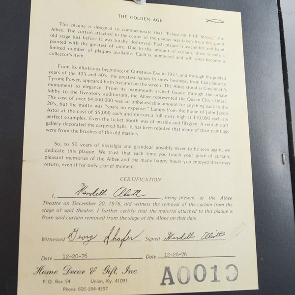 Albee Theater Commemorative Stage Curtain Plaque