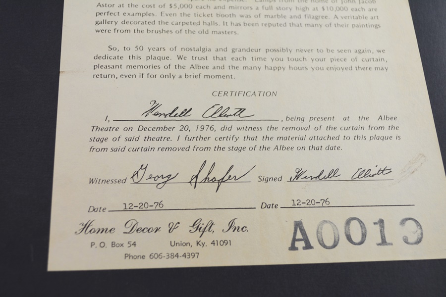 Albee Theater Commemorative Stage Curtain Plaque