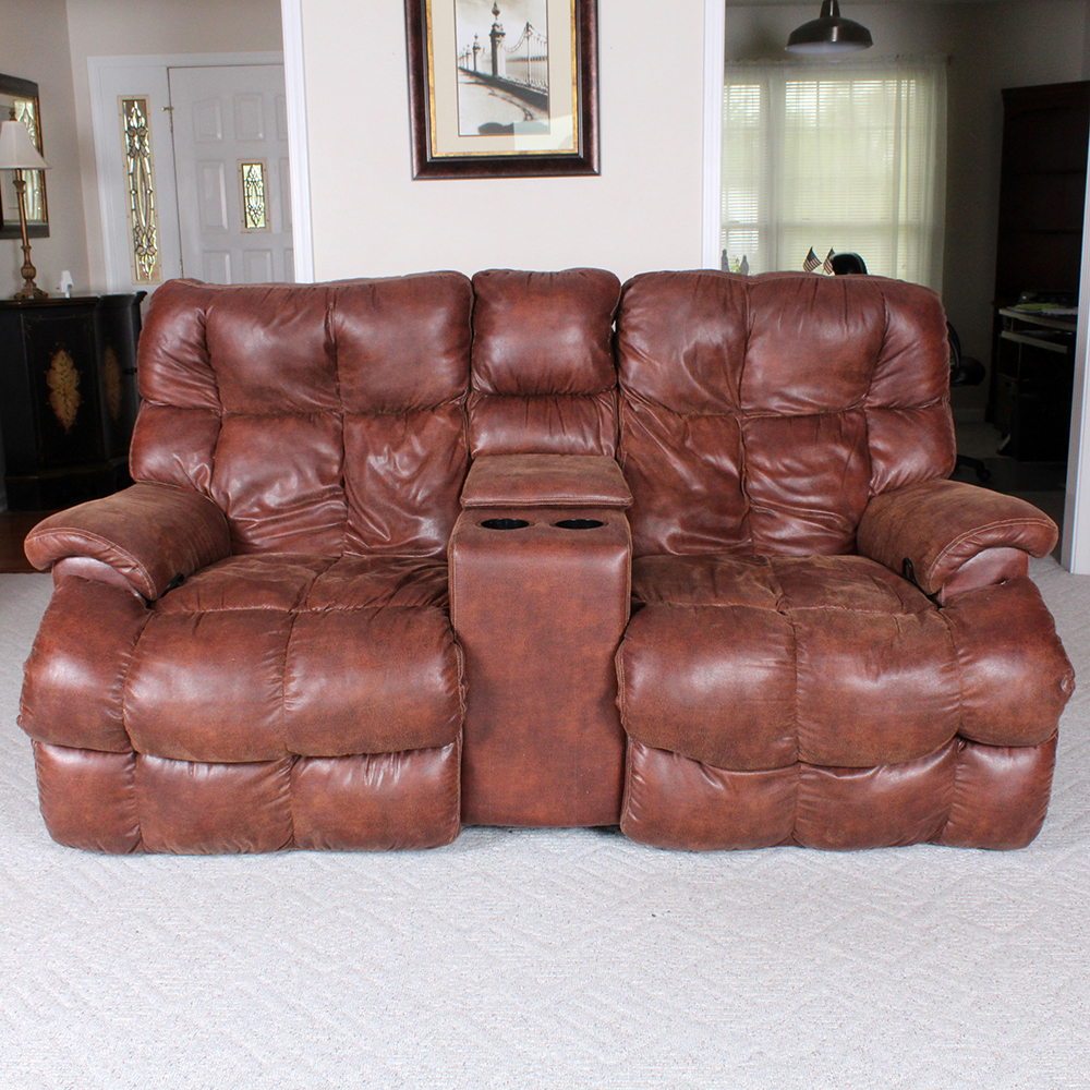 Brown Overstuffed Double Recliner with Center Console