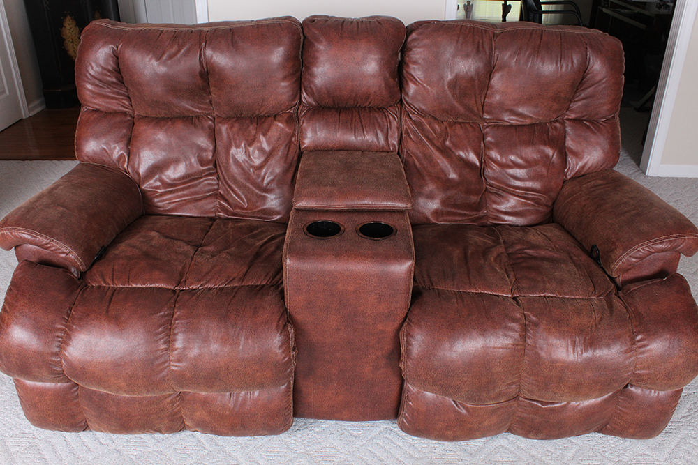 Brown Overstuffed Double Recliner with Center Console
