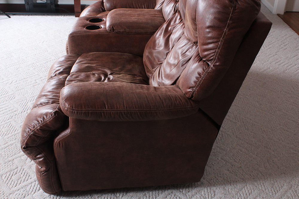Brown Overstuffed Double Recliner with Center Console