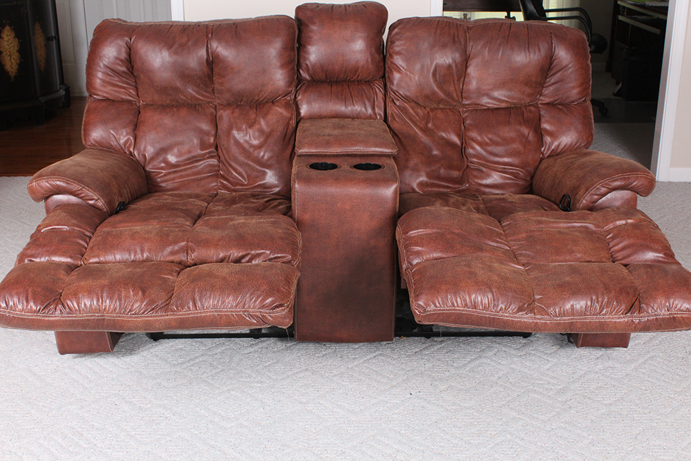Brown Overstuffed Double Recliner with Center Console