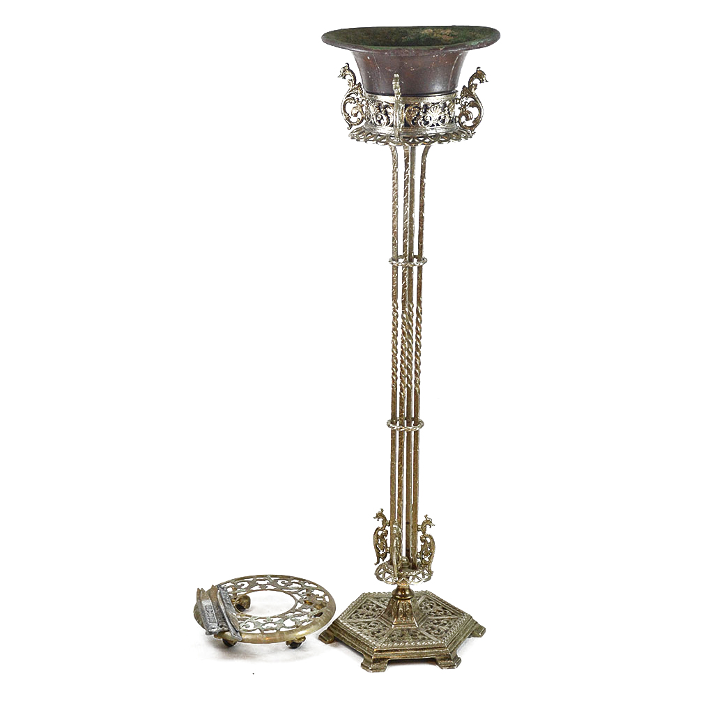 Vintage Brass Plant Stands and Cast Iron Plant Lables