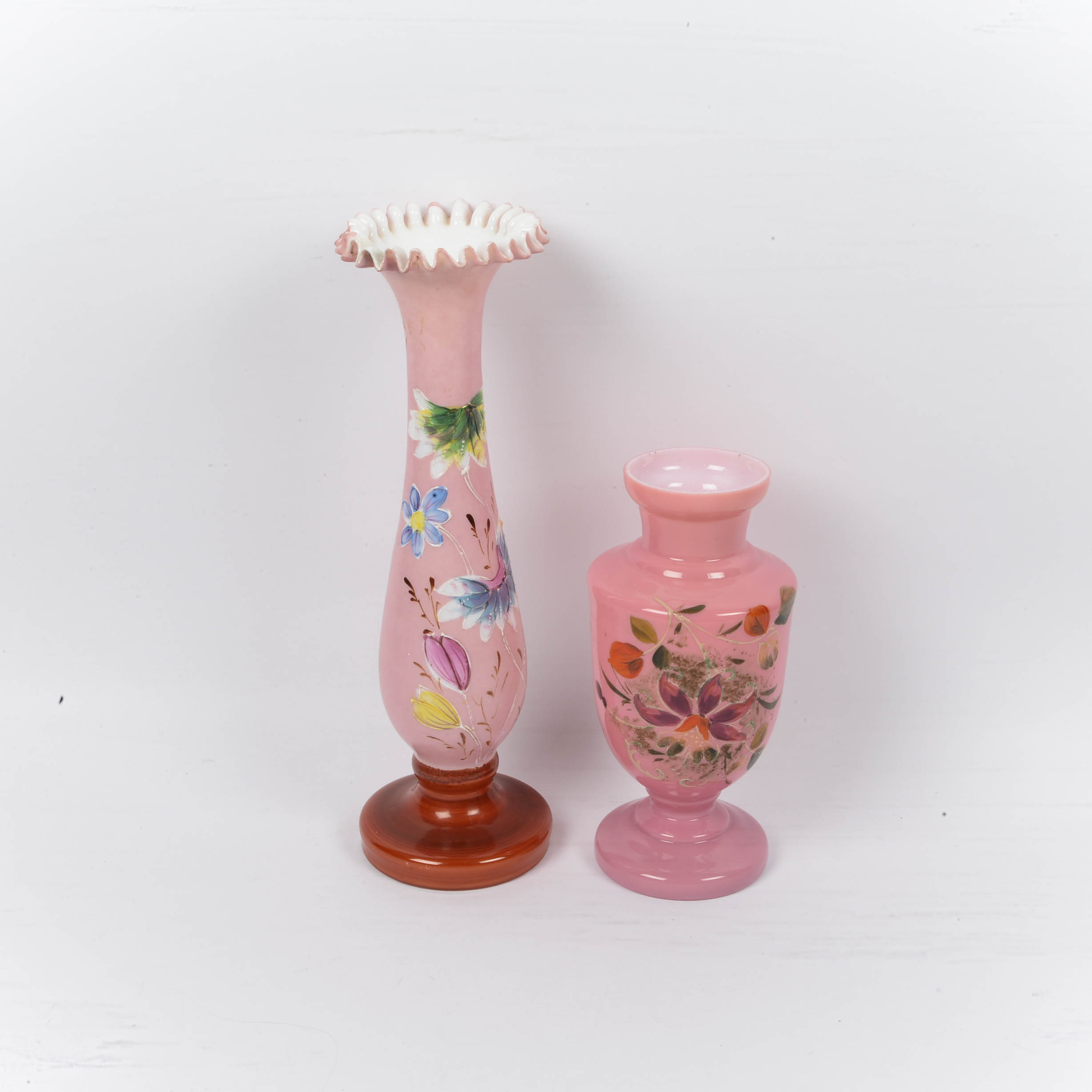 Antique Edwardian Bohemian Pink Cased Bristol Glass Mantle Vases