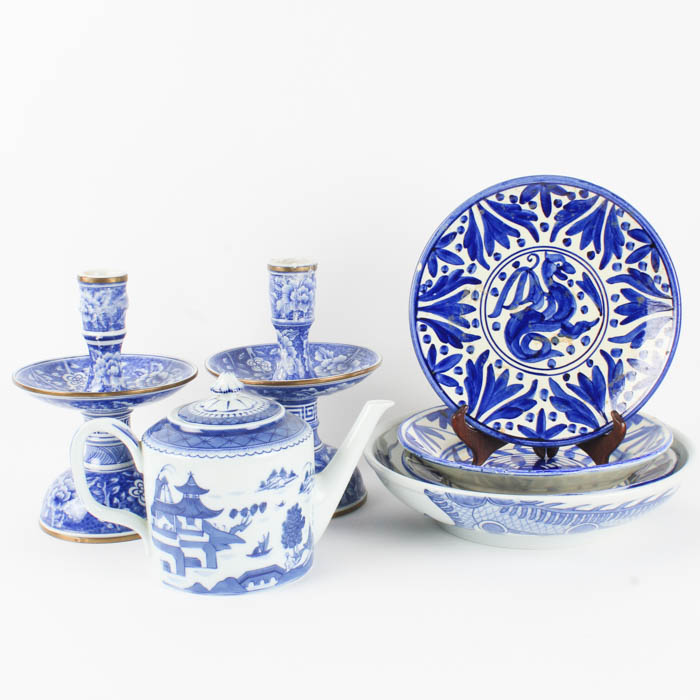 Blue and White Ceramic Decor and Tableware Featuring Mottadeh