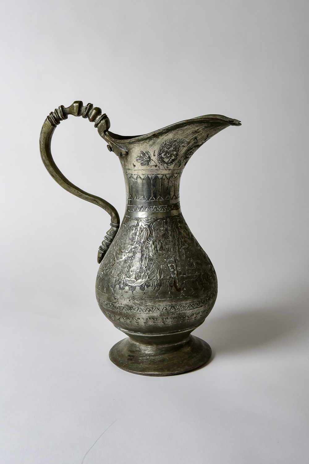 Antique Copper and Brass Pitcher and Silver Plated Dish