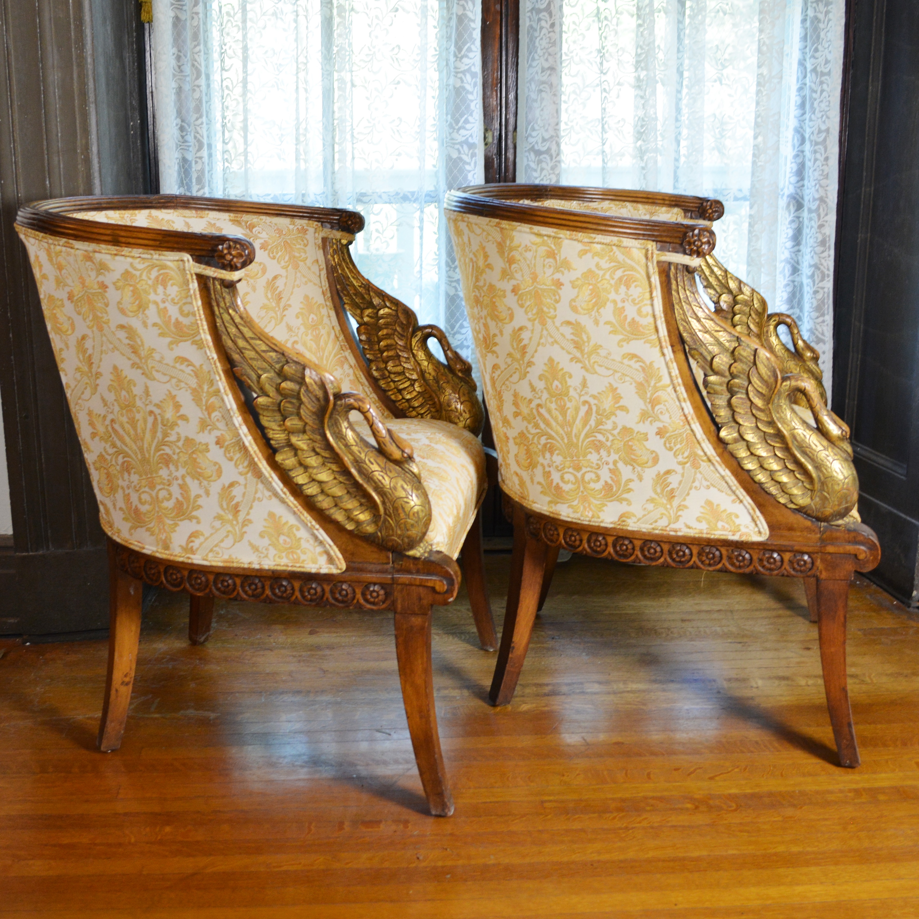 Pair of Beautiful Empire Style Swan Arm Barrel Chairs