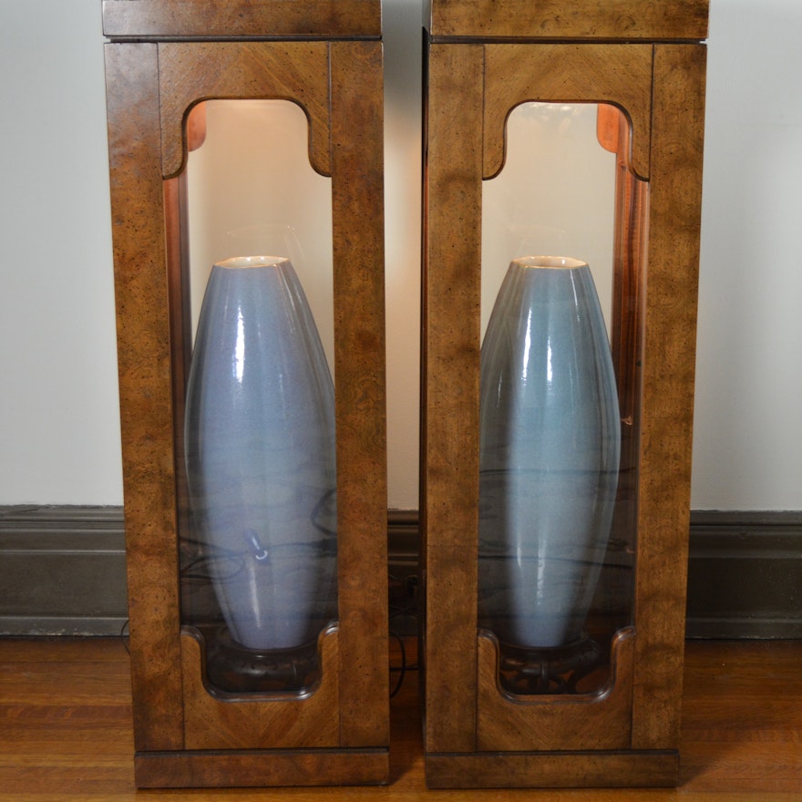 Pair of Early 20th Century Tall Ovoid Chinese Porcelain Vases In Display Cabinets