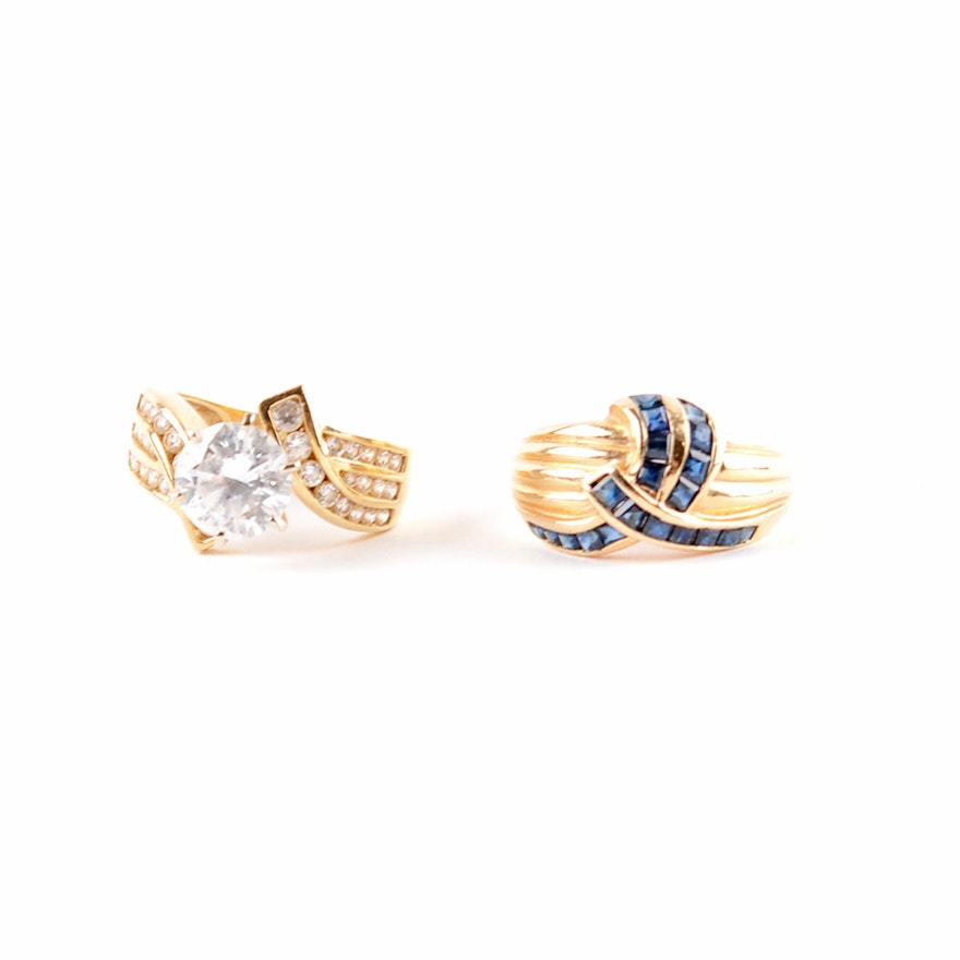 Blue Sapphire and CZ Solitare 14K Gold Rings