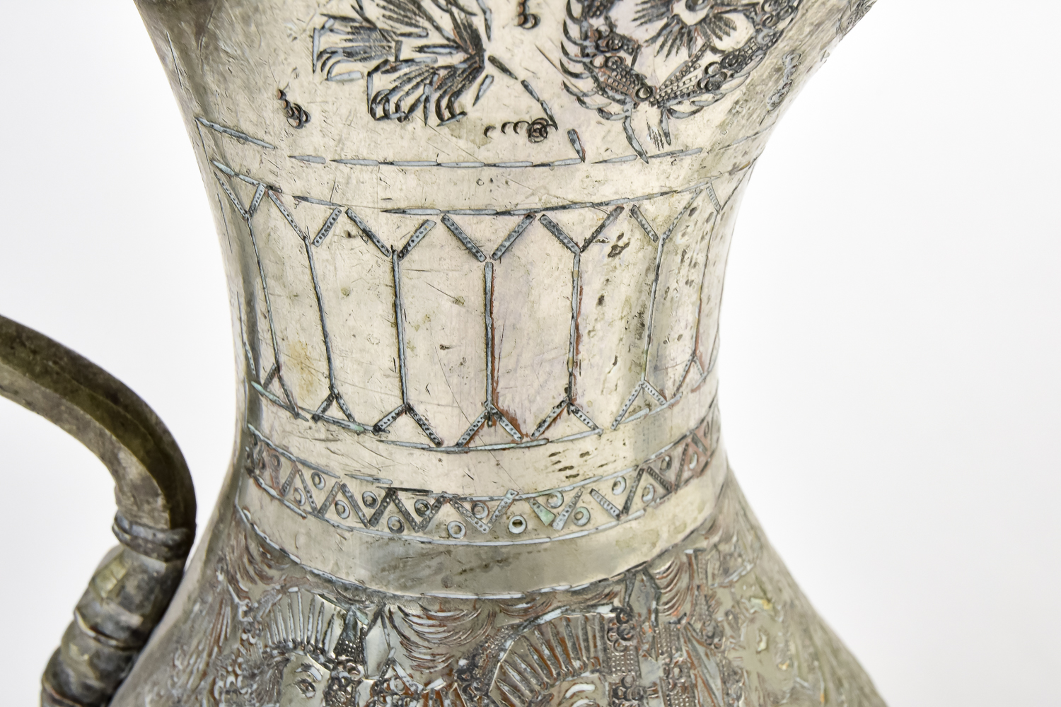 Antique Copper and Brass Pitcher and Silver Plated Dish