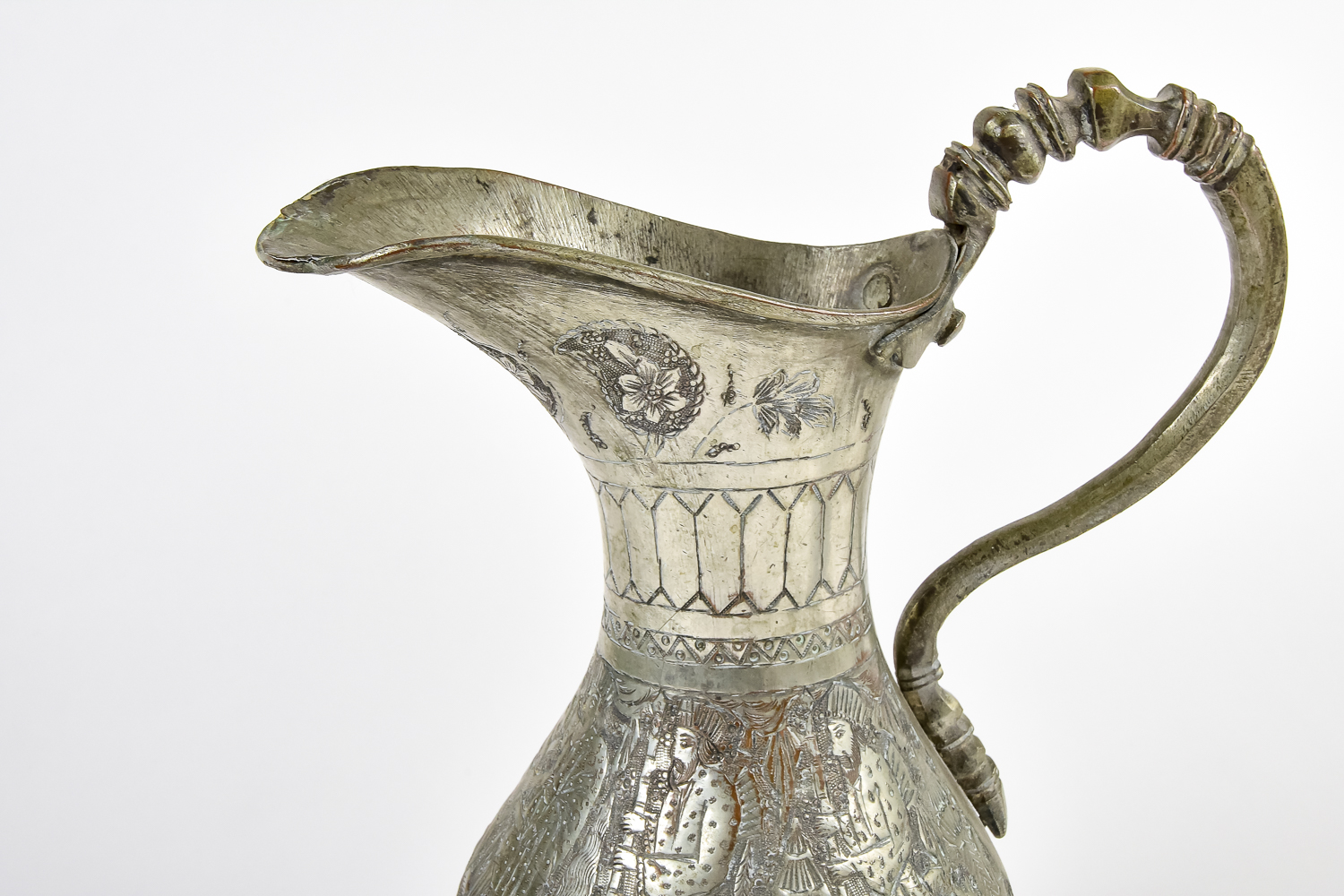 Antique Copper and Brass Pitcher and Silver Plated Dish