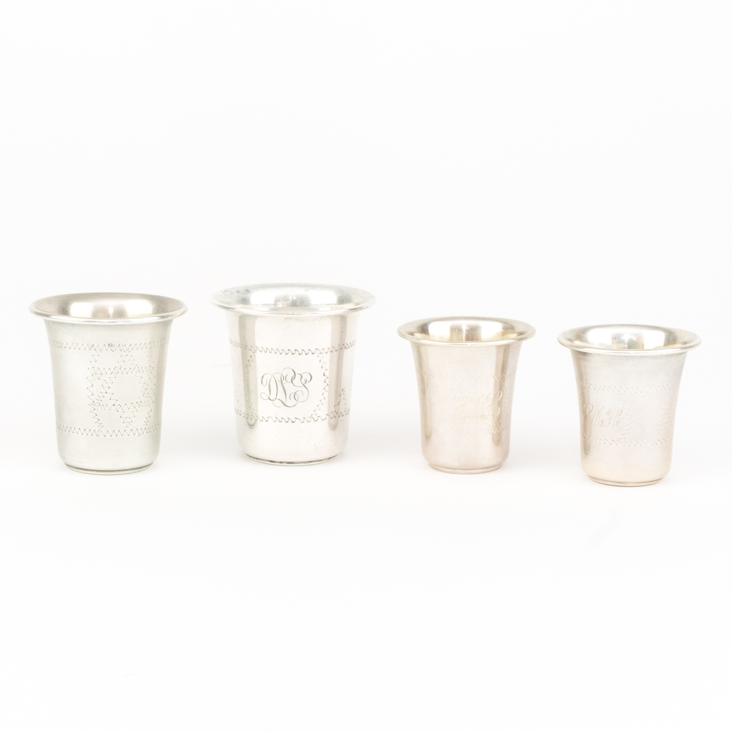 Set of Four Etched Sterling Silver Cups