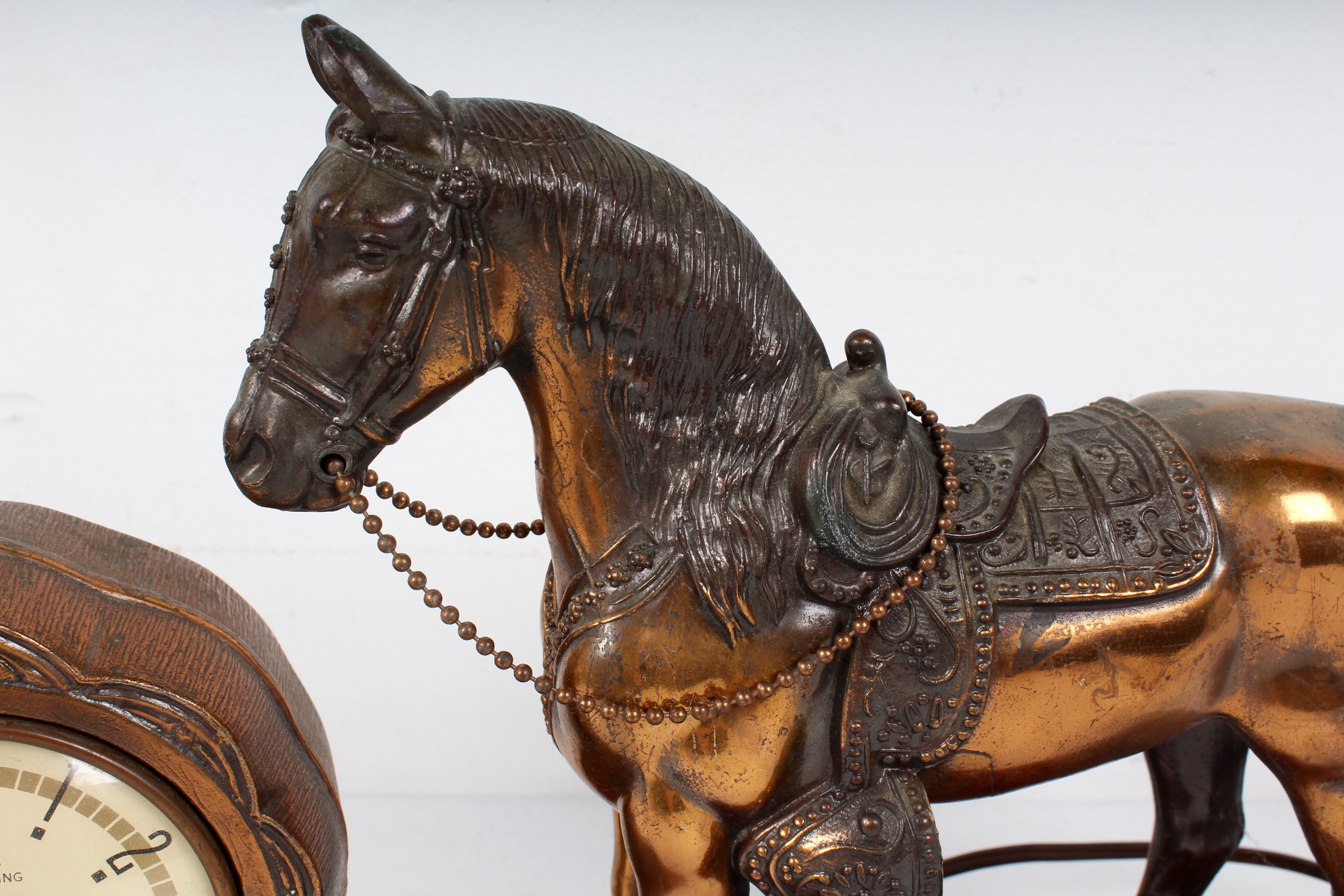 Vintage Bronze Tone Metal Horse Mantle Clock