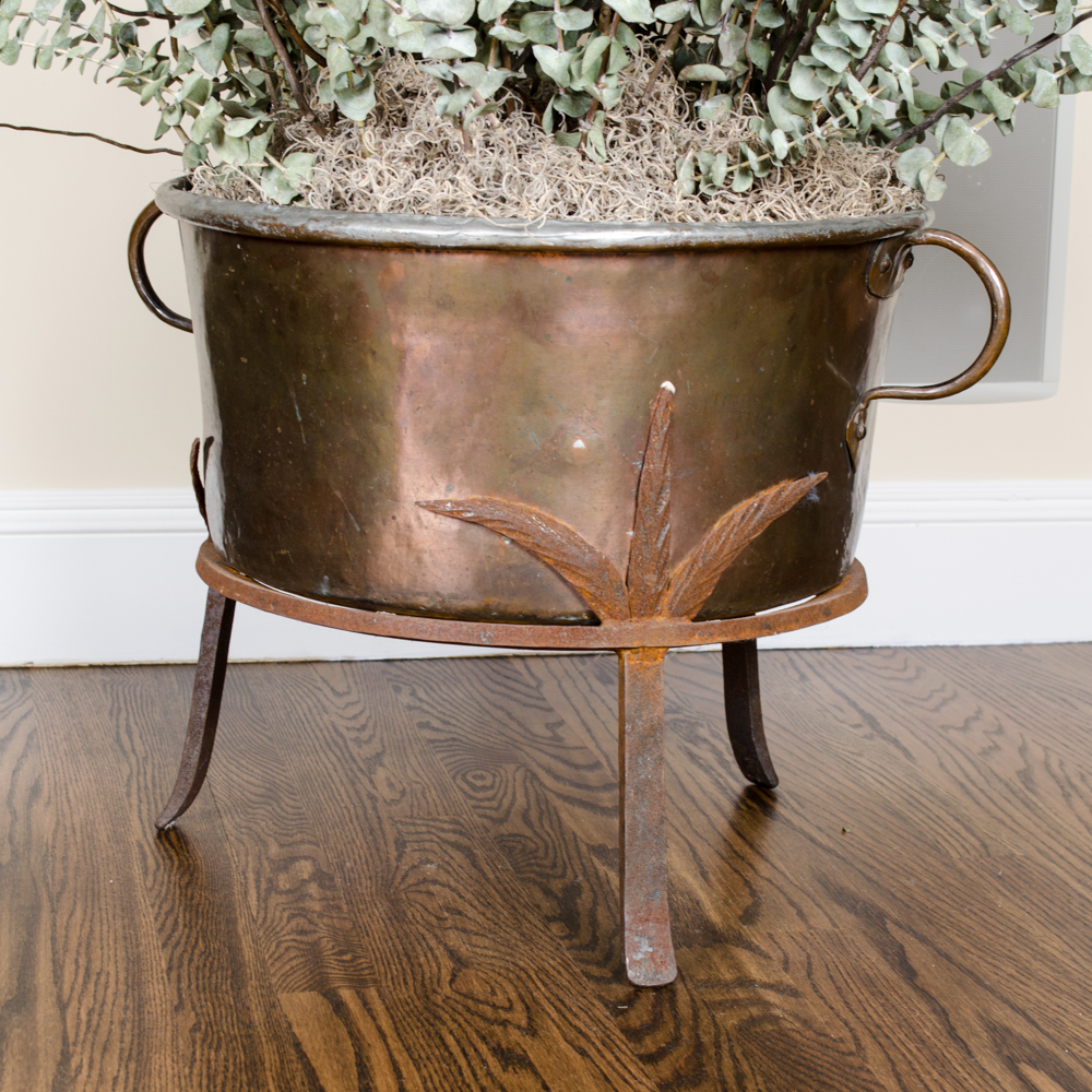 Large Copper Planter With Iron Stand