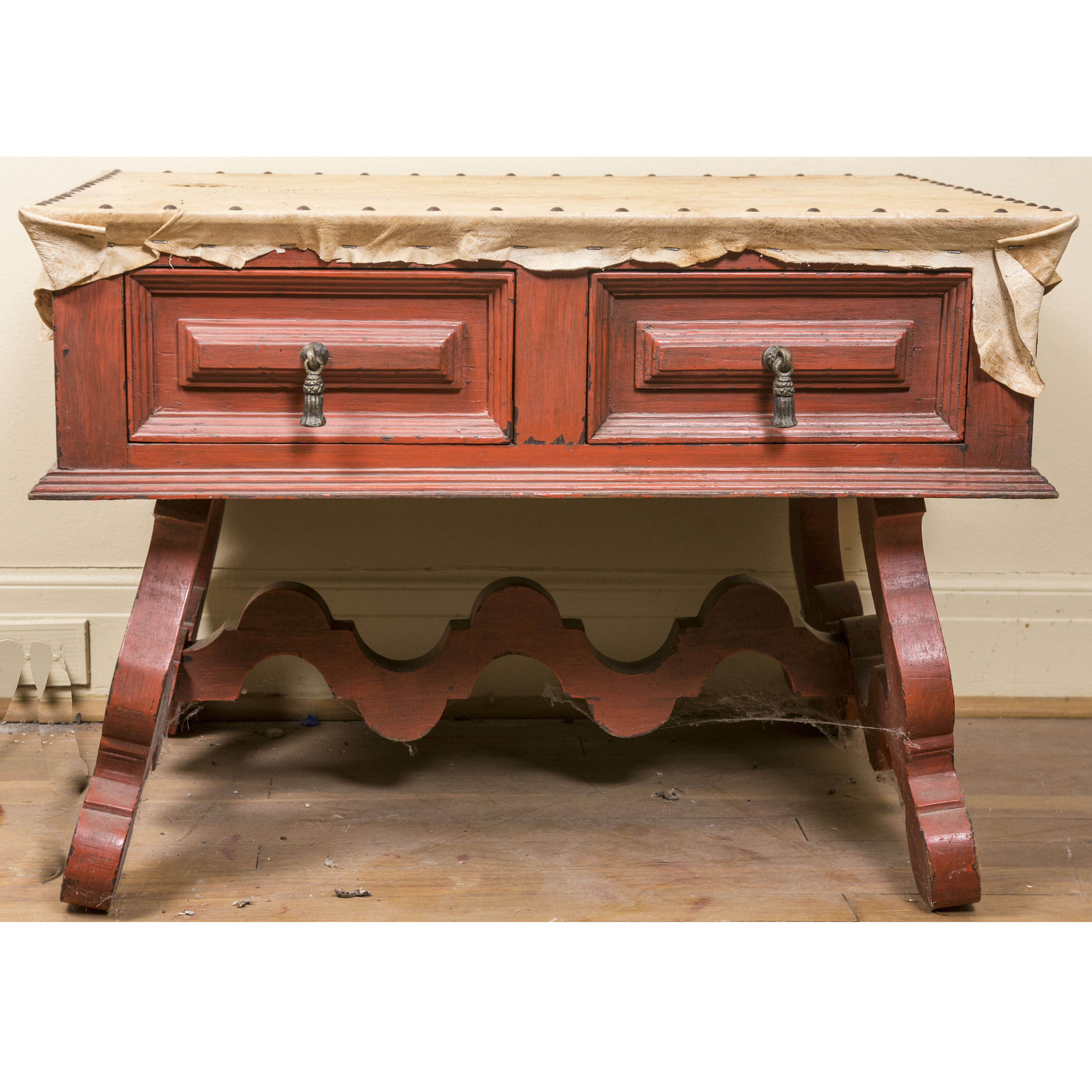 Wood Table with Upholstered Animal Hide Top