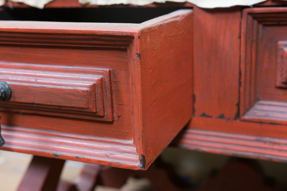Wood Table with Upholstered Animal Hide Top