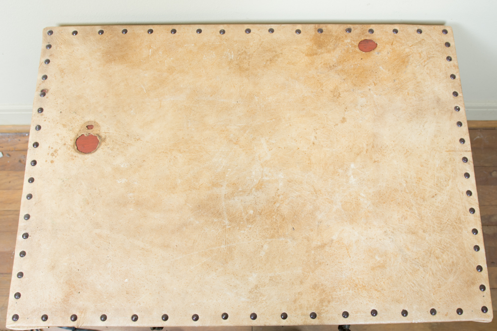 Wood Table with Upholstered Animal Hide Top