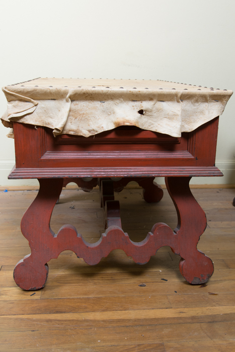 Wood Table with Upholstered Animal Hide Top