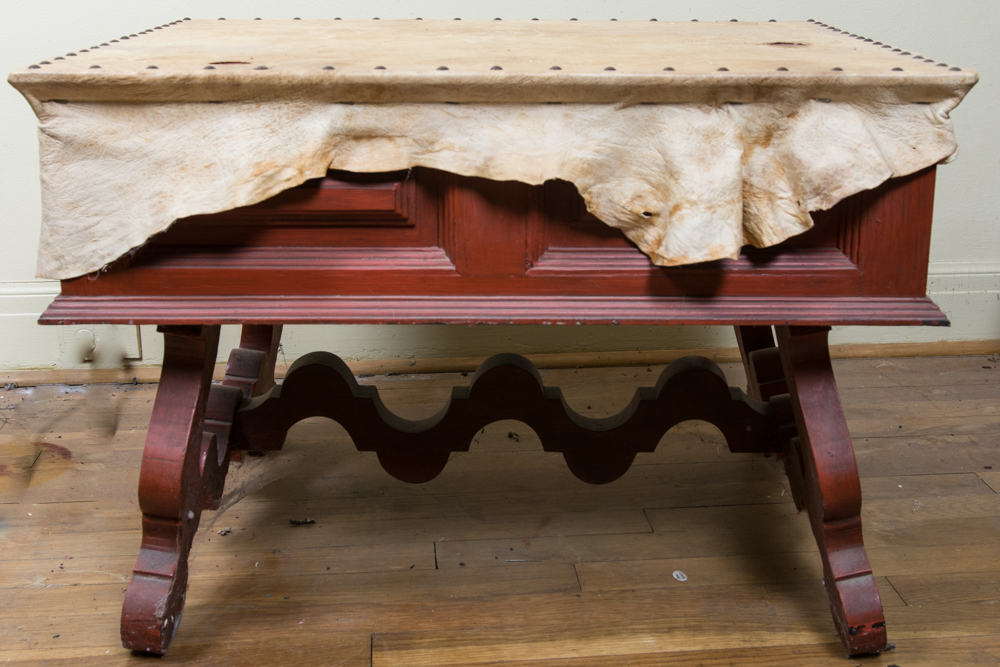 Wood Table with Upholstered Animal Hide Top