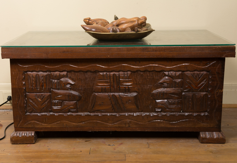 Carved Wood Coffee Table and Decor