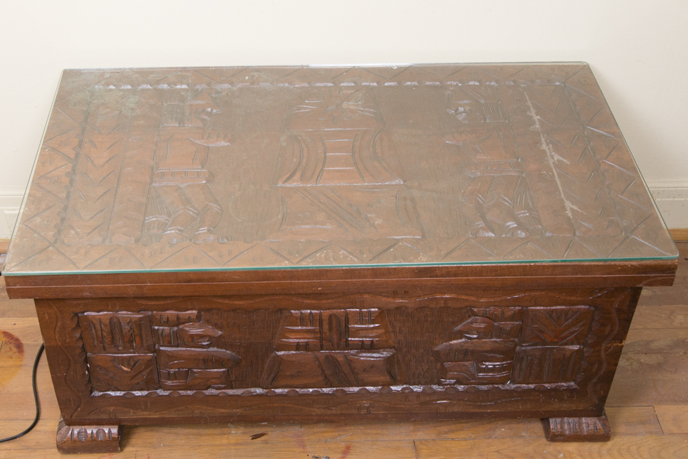 Carved Wood Coffee Table and Decor