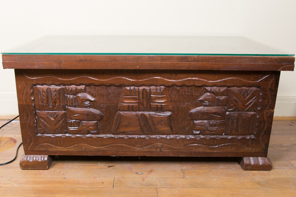 Carved Wood Coffee Table and Decor