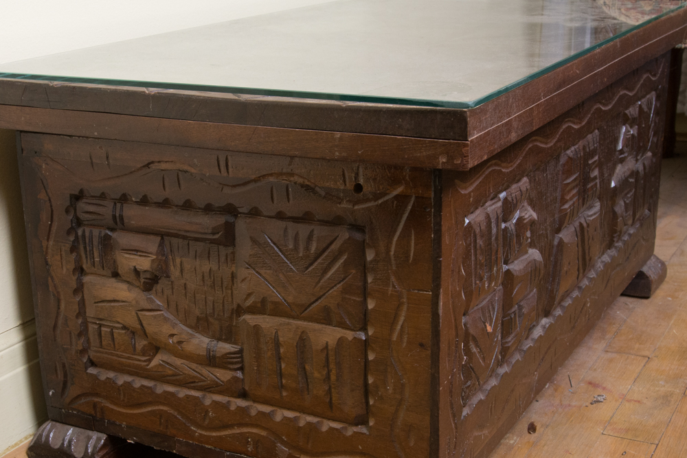 Carved Wood Coffee Table and Decor