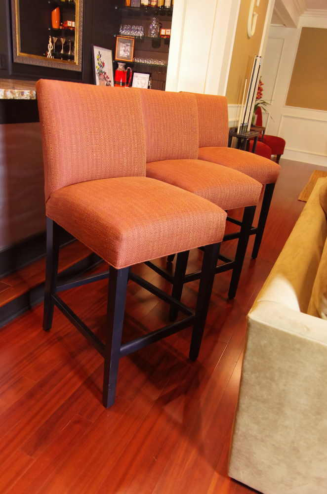 Trio of Coral Colored Ethan Allen Bar Stools