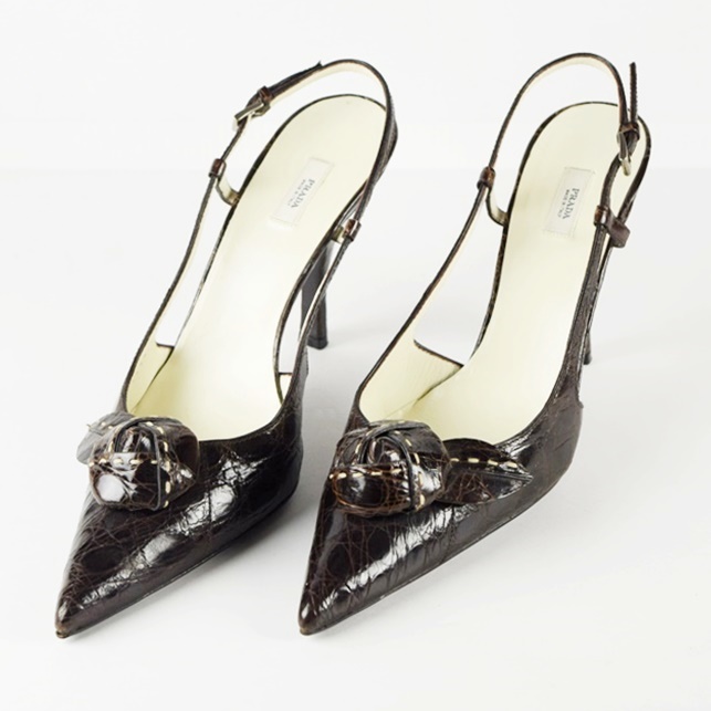 Prada Designer Chocolate Brown Leather Crocodile Sling back Pumps with Rosette at Pointed Toe, Size 39.5