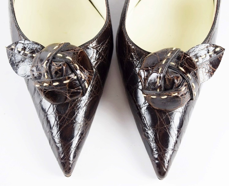 Prada Designer Chocolate Brown Leather Crocodile Sling back Pumps with Rosette at Pointed Toe, Size 39.5