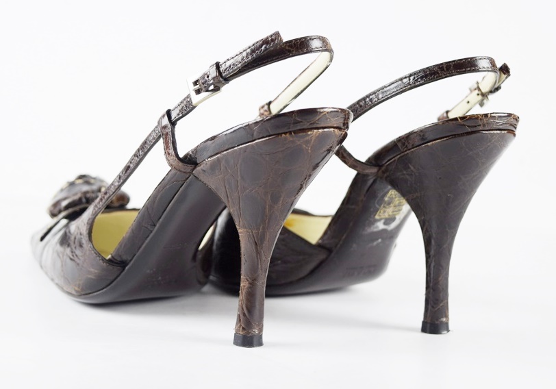 Prada Designer Chocolate Brown Leather Crocodile Sling back Pumps with Rosette at Pointed Toe, Size 39.5