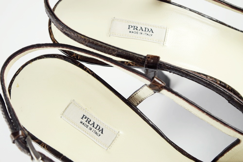 Prada Designer Chocolate Brown Leather Crocodile Sling back Pumps with Rosette at Pointed Toe, Size 39.5