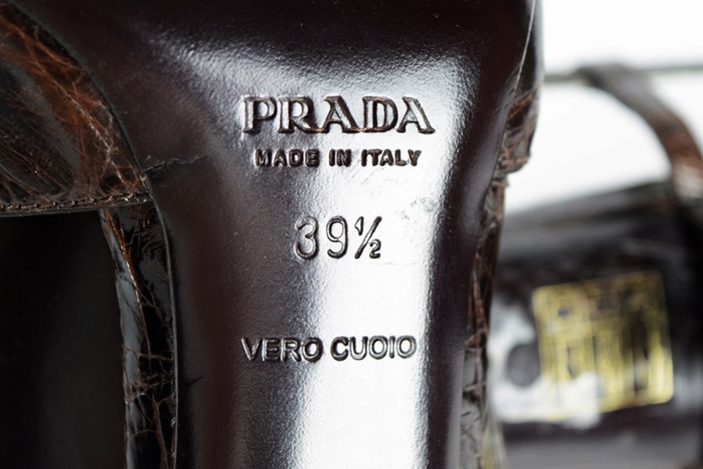 Prada Designer Chocolate Brown Leather Crocodile Sling back Pumps with Rosette at Pointed Toe, Size 39.5