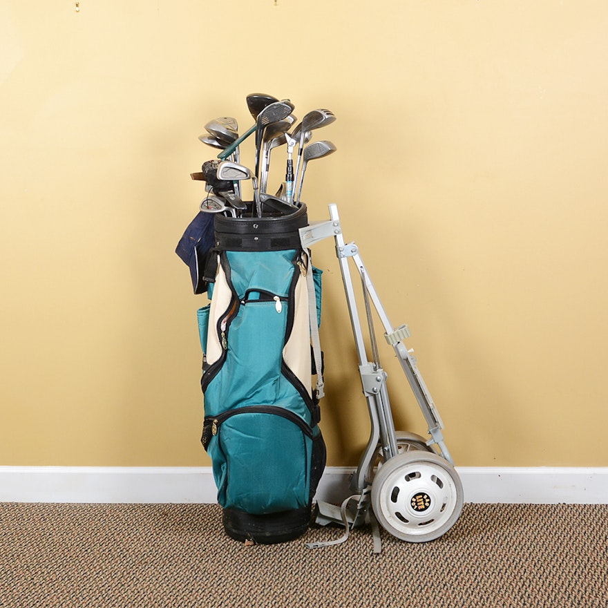 Golf Bag With Clubs and Caddy Cart