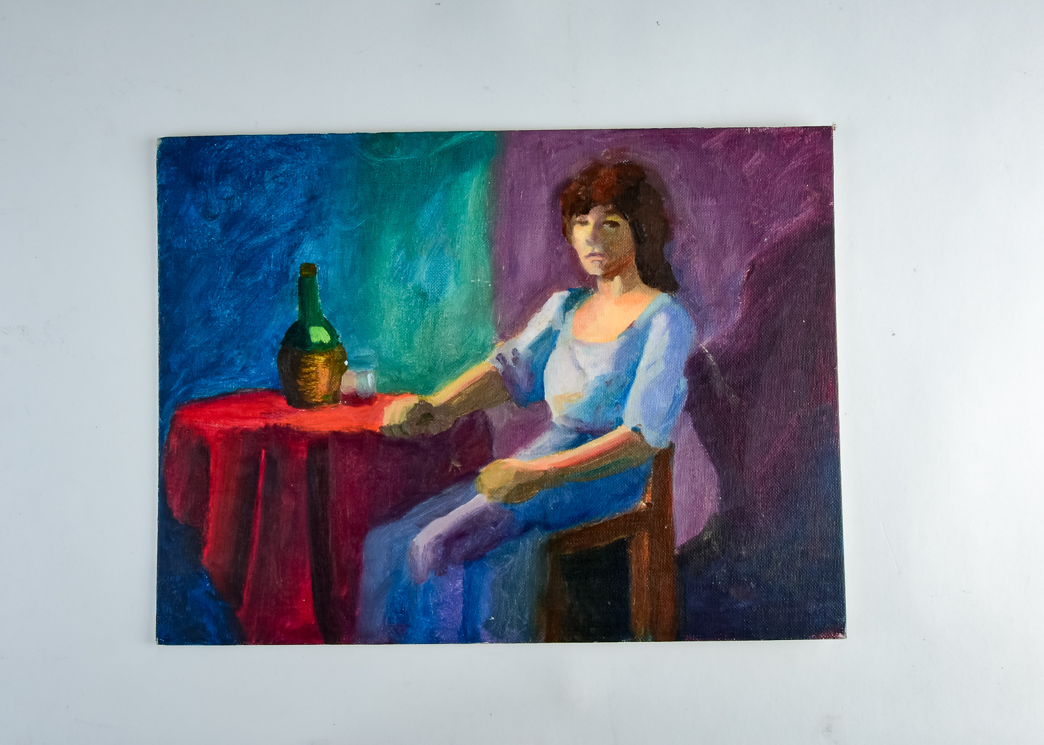 Tony Ortega Oil on Canvas Painting of a Woman Drinking Wine