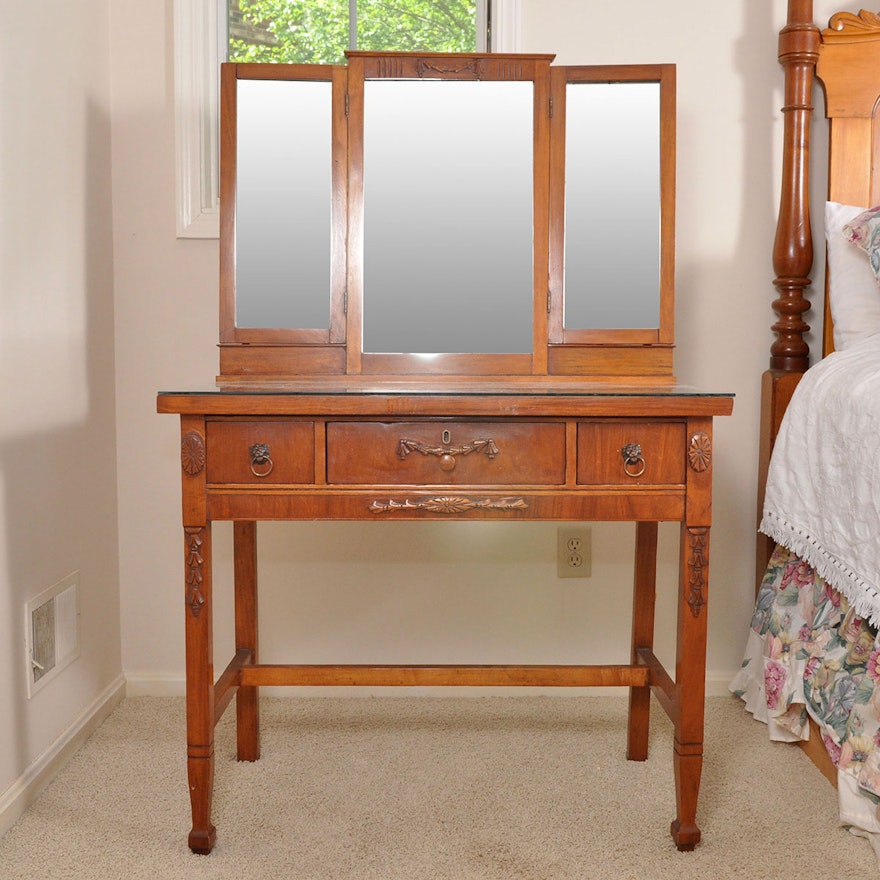 Antique Cherry Dressing Table with Three Drawers and Tri-Fold Mirror