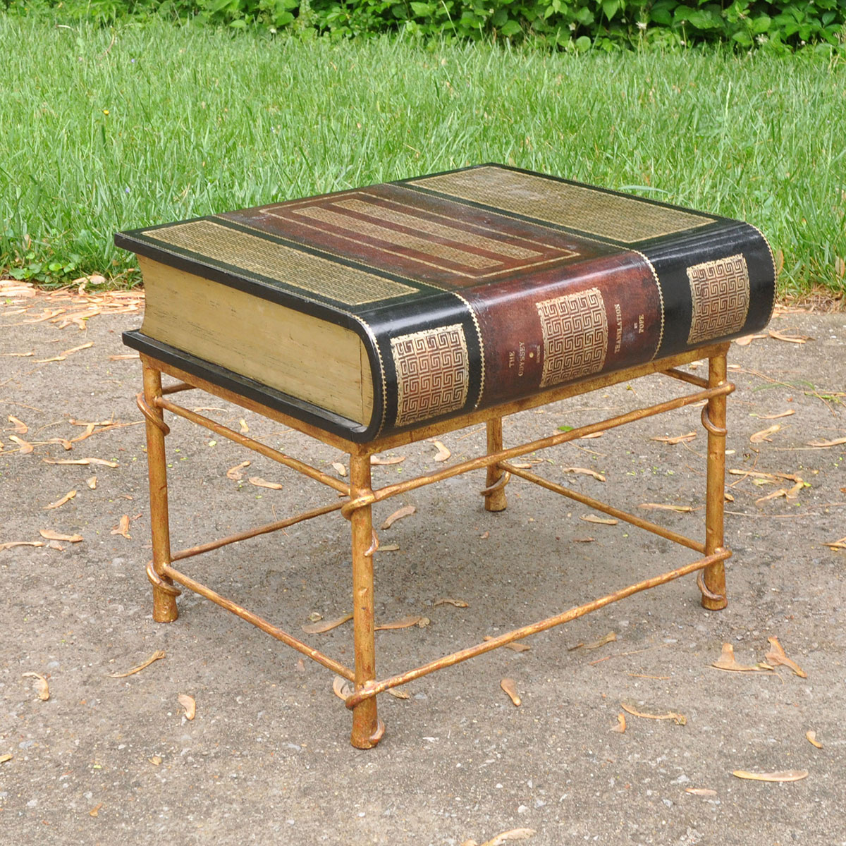 Unique Handpainted Book Themed Table with Drawer and Metal Frame