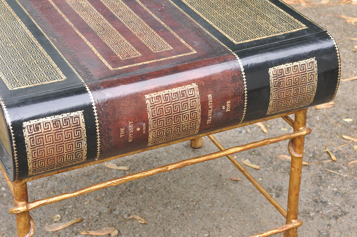 Unique Handpainted Book Themed Table with Drawer and Metal Frame