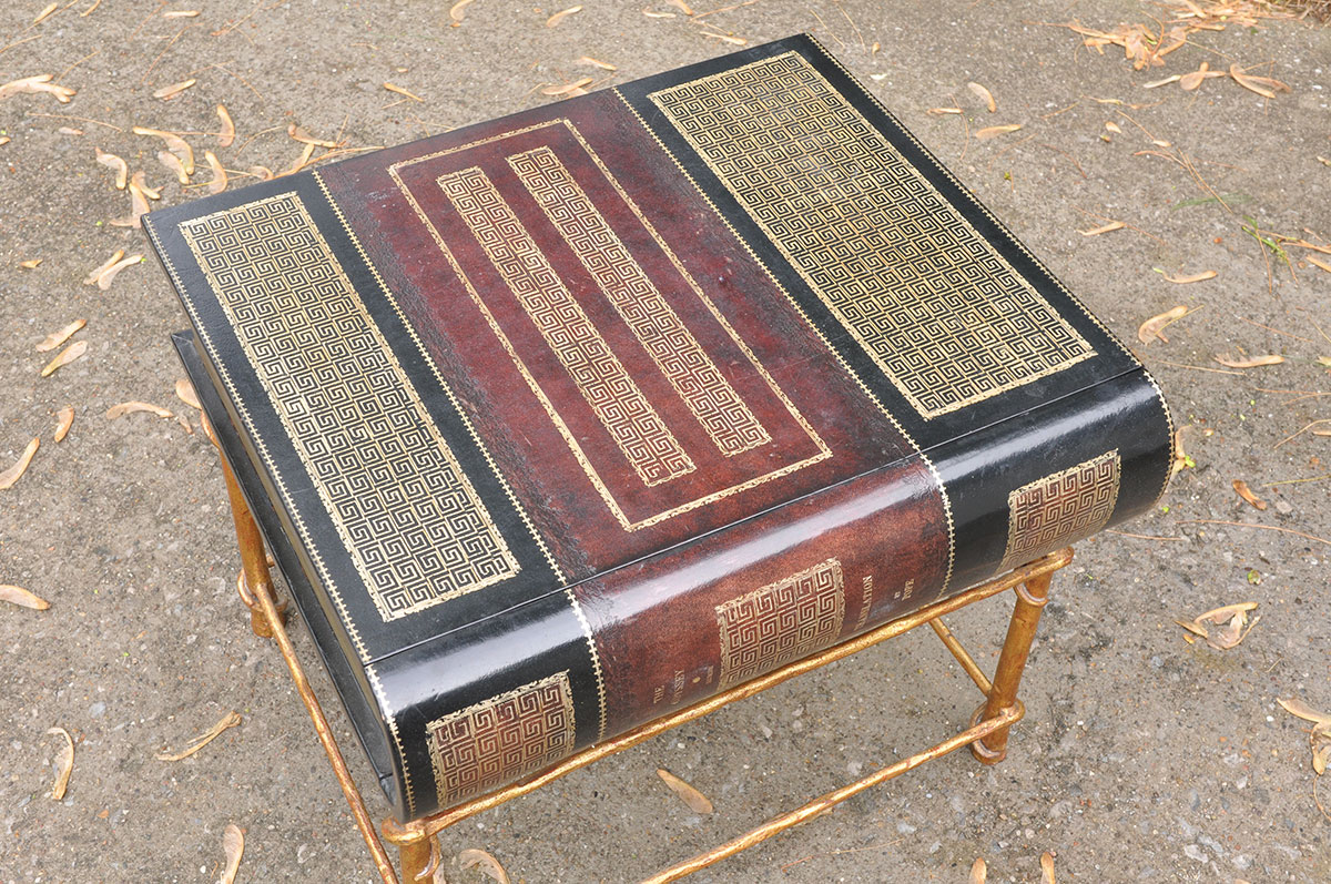 Unique Handpainted Book Themed Table with Drawer and Metal Frame