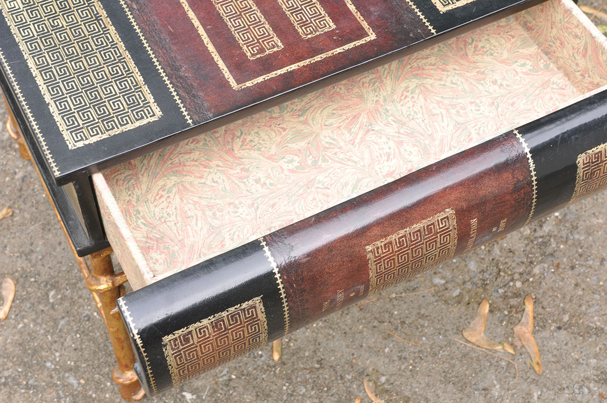 Unique Handpainted Book Themed Table with Drawer and Metal Frame
